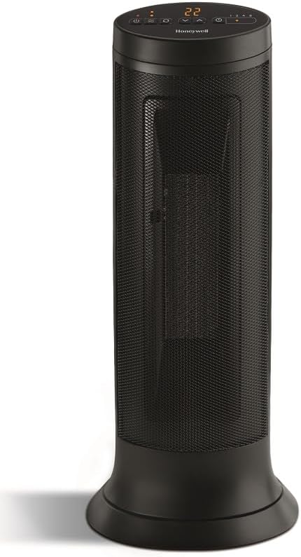 Honeywell HCE317BC Slim Ceramic Tower Electric Space Heater for Bedroom, Office, Home, Oscillates, 2 Heat Settings, Portable, 2-8H timer, Quiet, 1500W/750W