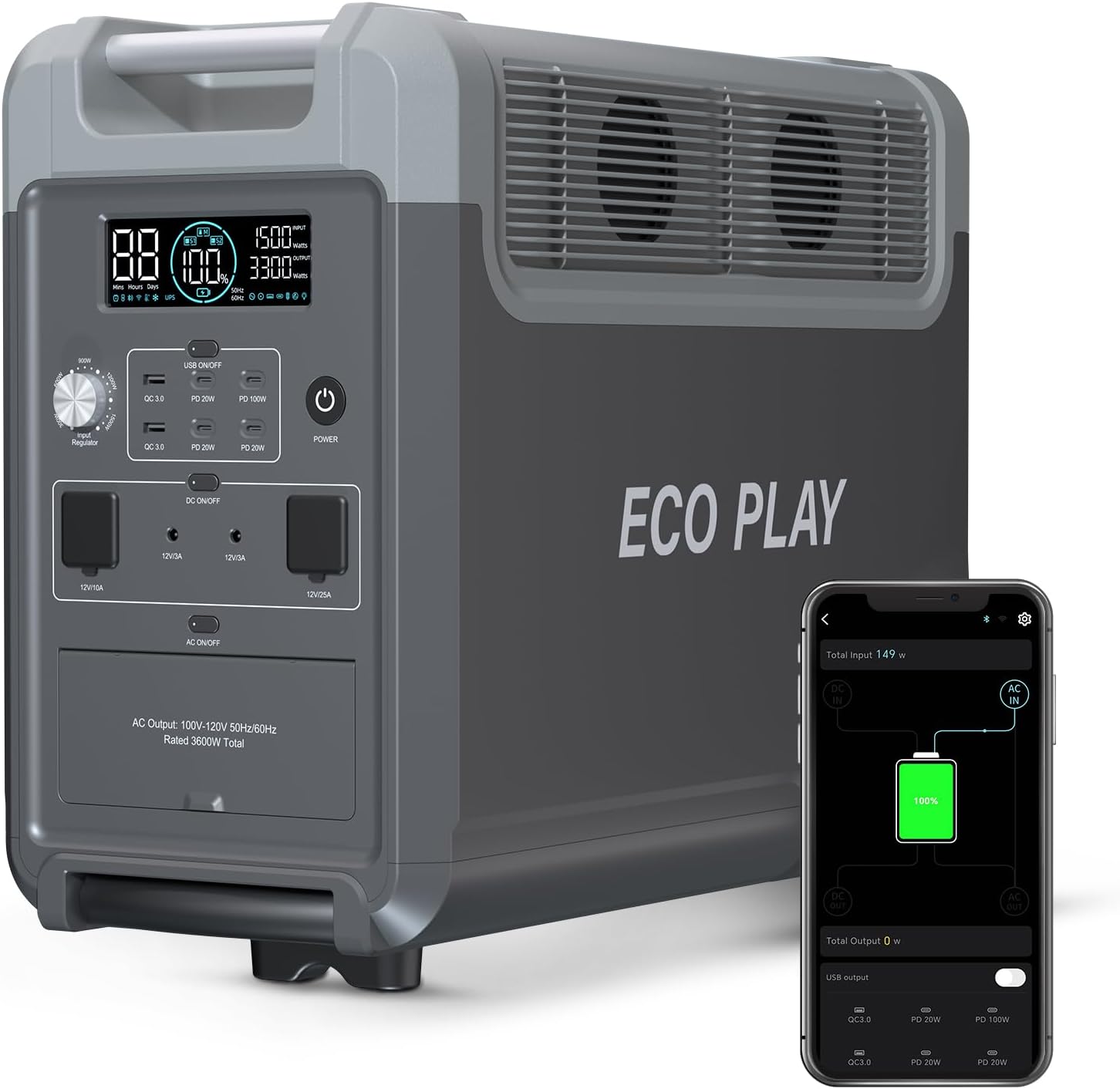 Portable Power Station, 3840Wh LiFePO4 Battery, Expandable to 11520Wh, Fully Charged in 3H, Adjustable Input Power, UPS, 3600W Solar Generator for Outdoor RV