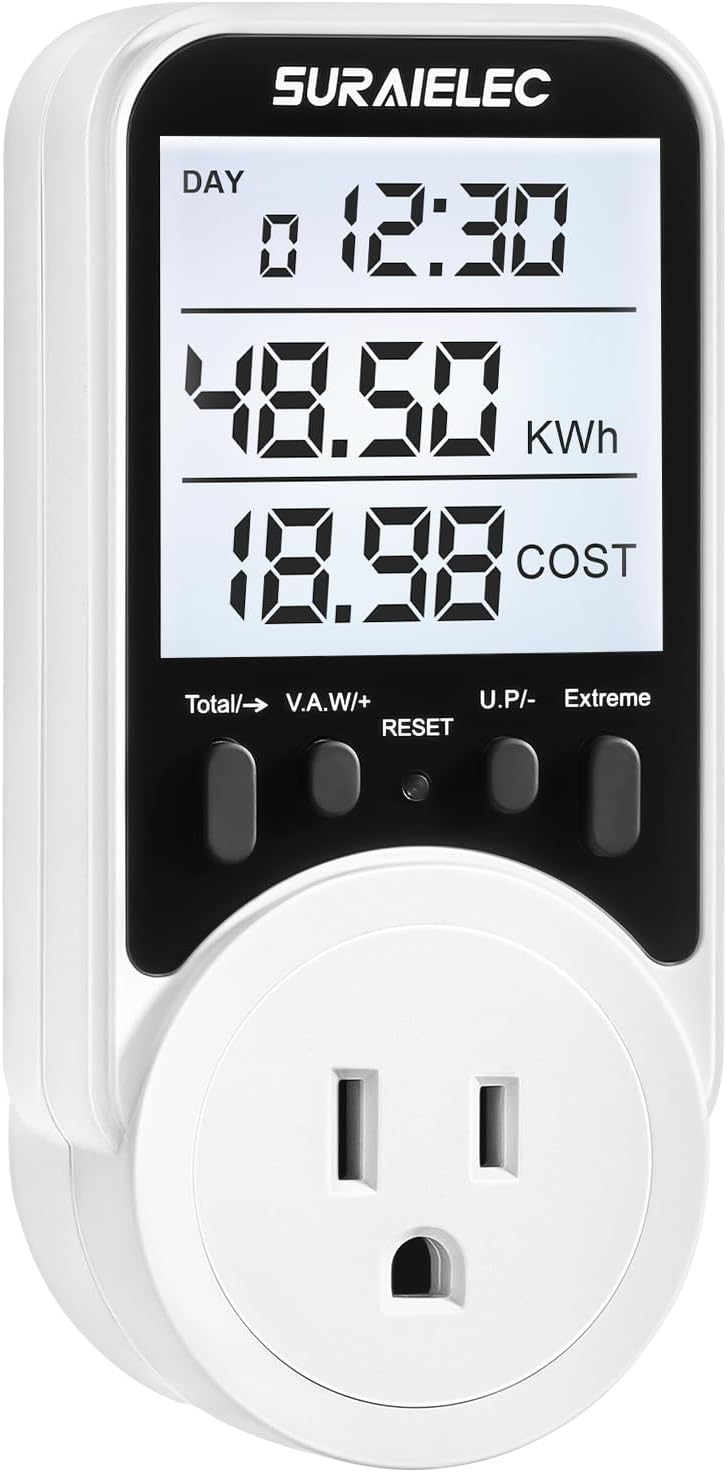 Suraielec Watt Meter, Plug-in Socket Power Meter, 90V-250V Wide Range, Backlit Large Display, Auto Cost Calculator, Overload Protection, Kilowatt Wattage