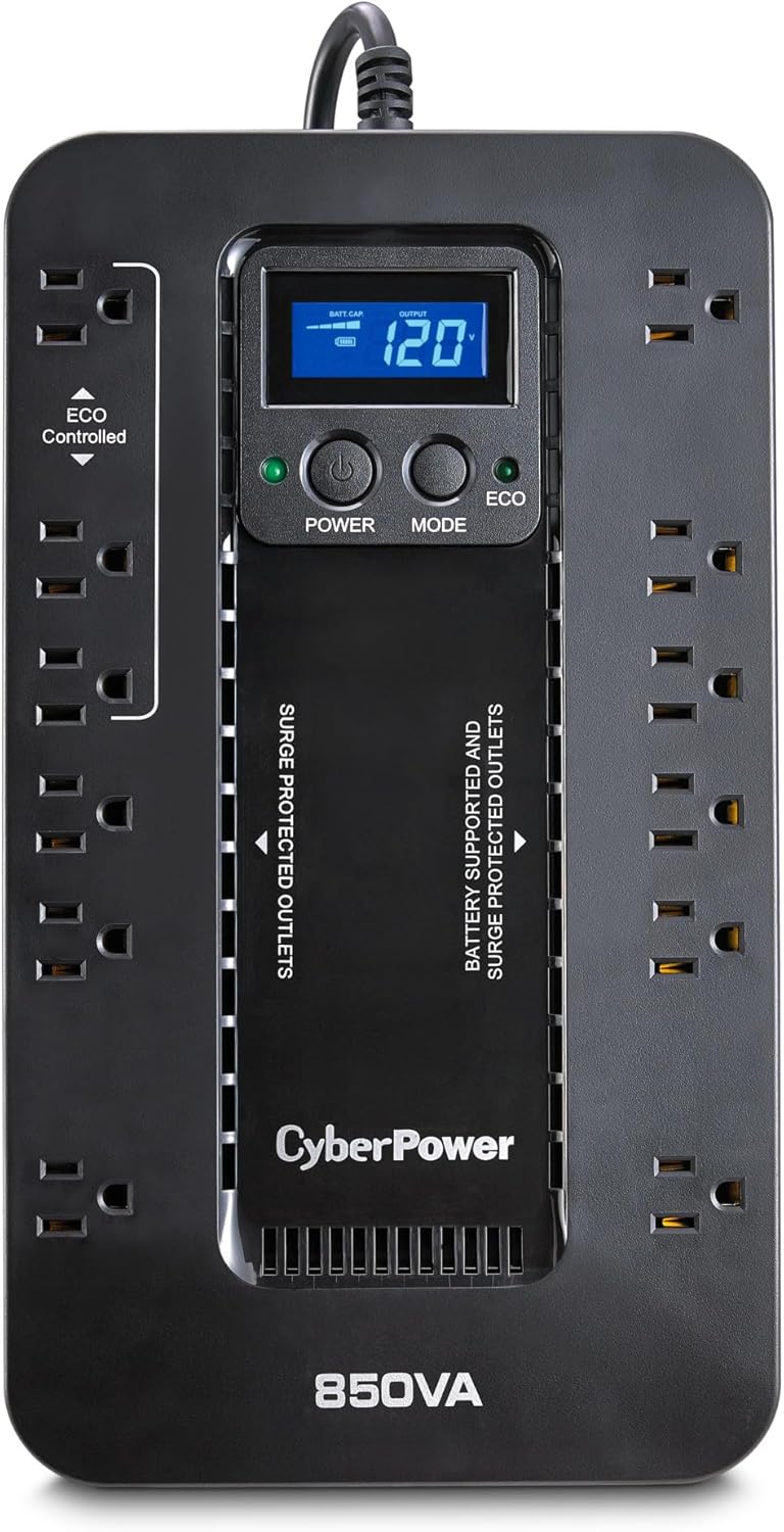 CyberPower EC850LCD Ecologic Battery Backup & Surge Protector UPS System, 850VA/510W, 12 Outlets, ECO Mode, Compact, Uninterruptible Power Supply