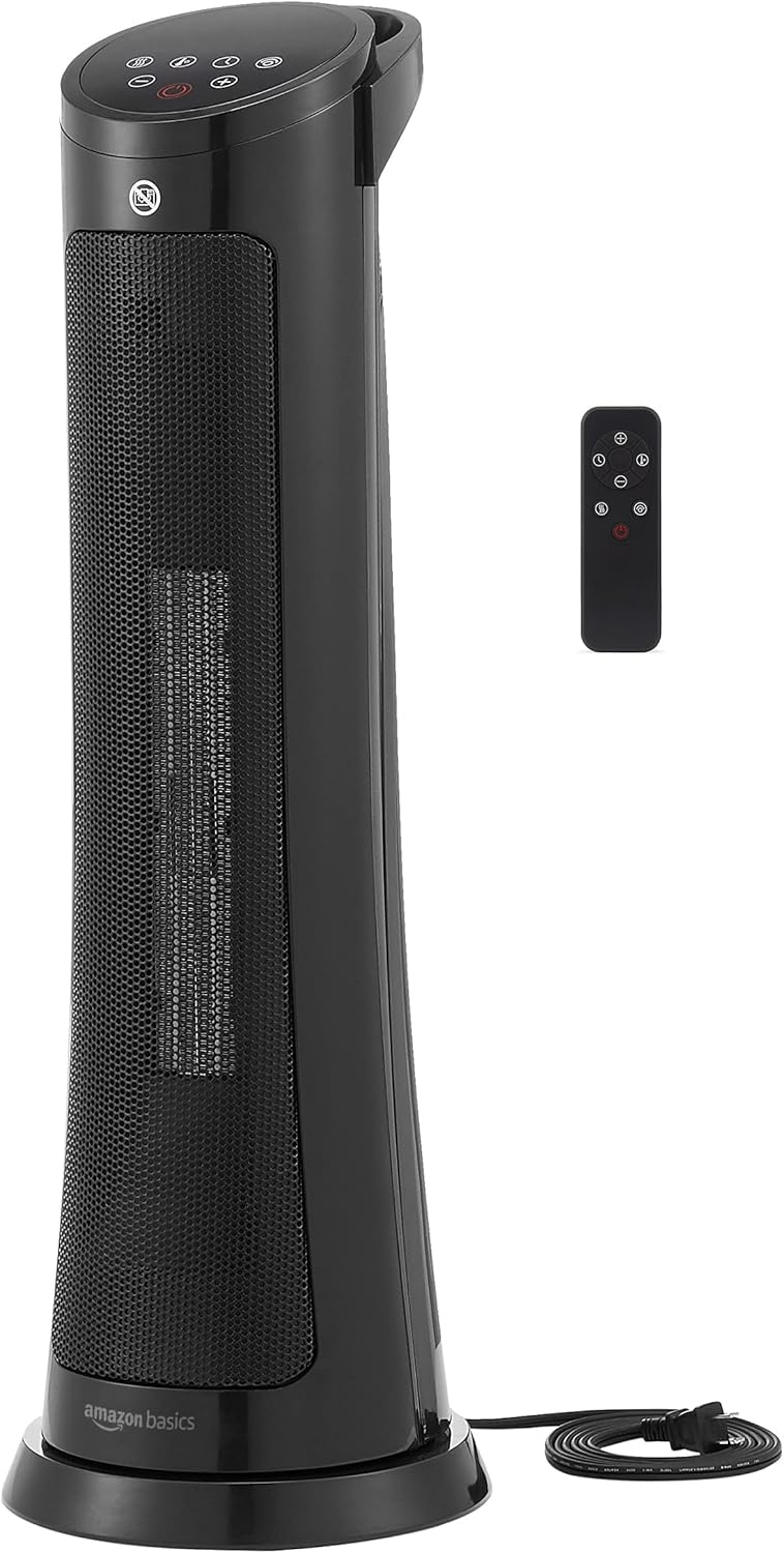 Amazon Basics 71 Cm Oscillating Tower Heater, With Over-Heat and Tip-Over Protection, 2 Heat Settings and Fan Mode, Timer, Remote Control, LED Display